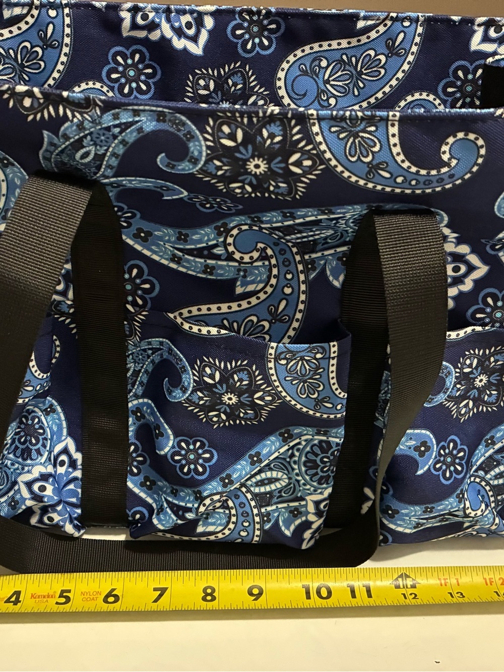 Blue Paisley Tote Bag with Black Handles